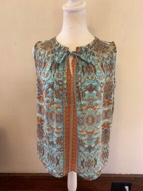 Violet + Claire Sleeveless Tie-Neck Printed Tank Top - Aqua & Rust Size M EUC